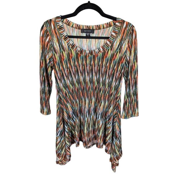 Karen Kane Tunic Top Small Green Red Sharkbite Hem 3/4 Sleeve Casual  Women's Sm - Picture 1 of 4